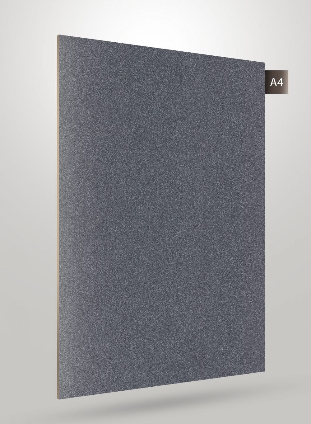 Grey matte leather laminate sheet with textured surface and subtle grain visible on decorative laminate sample.