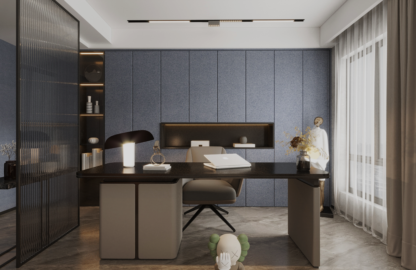 Grey leather laminate wall panels in modern office with dark desk and minimalist decor, showing matte finish and textured