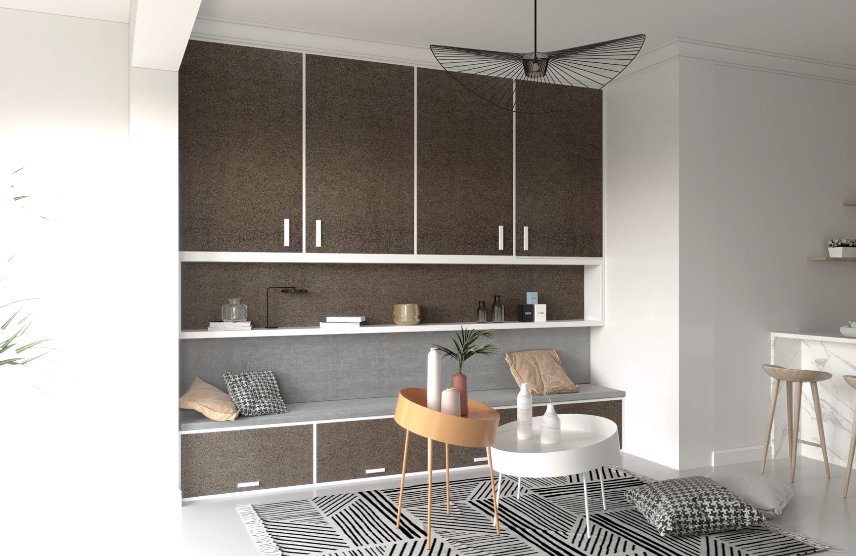 Grey leather laminate wall units and storage bench in modern room with minimalist decor and geometric patterned rug