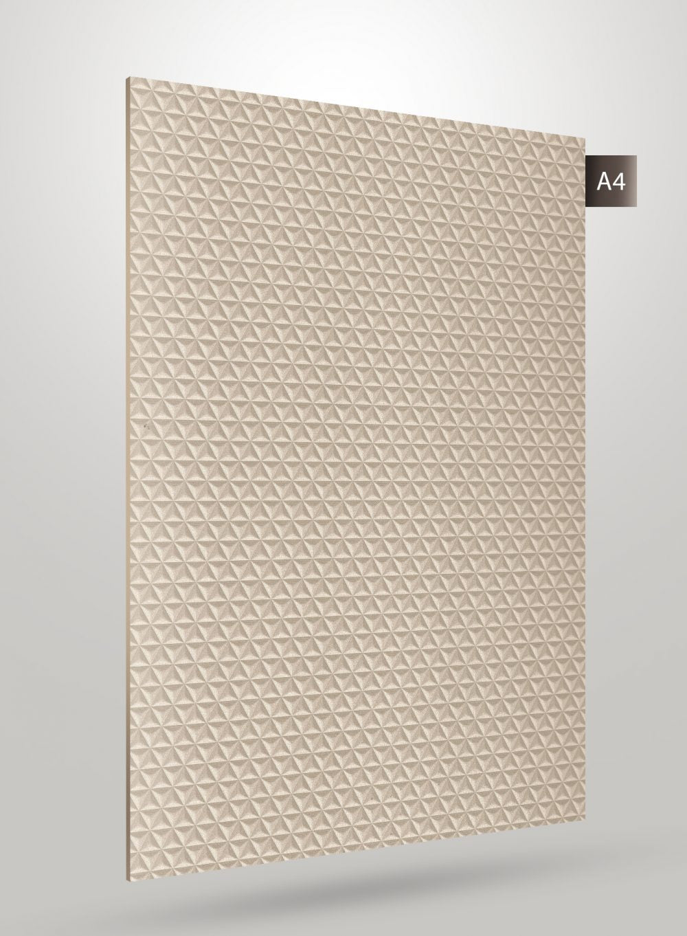 Beige geometric patterned laminate with matte finish and embossed texture, showing pyramid design on its surface.