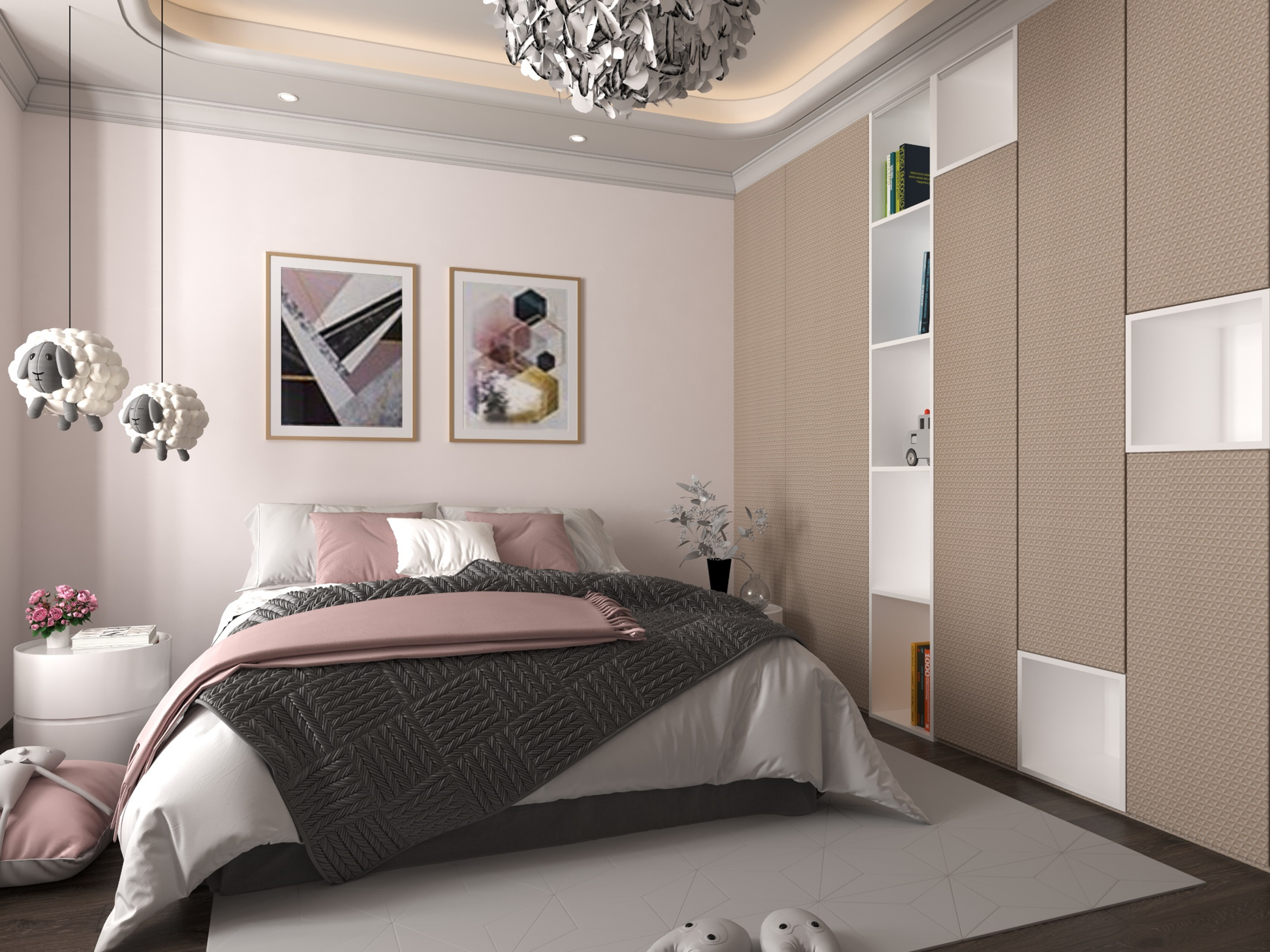 Beige geometric laminate wall panels with matte finish in a modern bedroom setting with built-in shelving unit