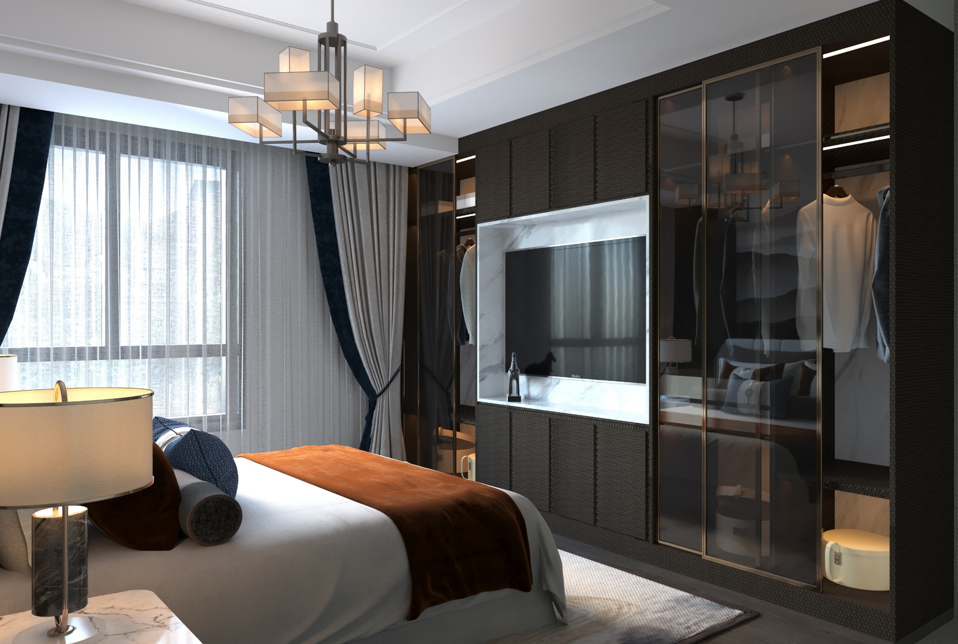 Modern bedroom with dark textured laminate wall paneling and glass wardrobe, featuring a bed with brown blanket and marble