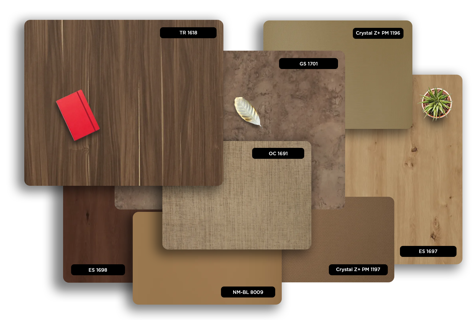 Brown geometric laminate with matte finish, showcasing various texture and pattern samples for interior design and