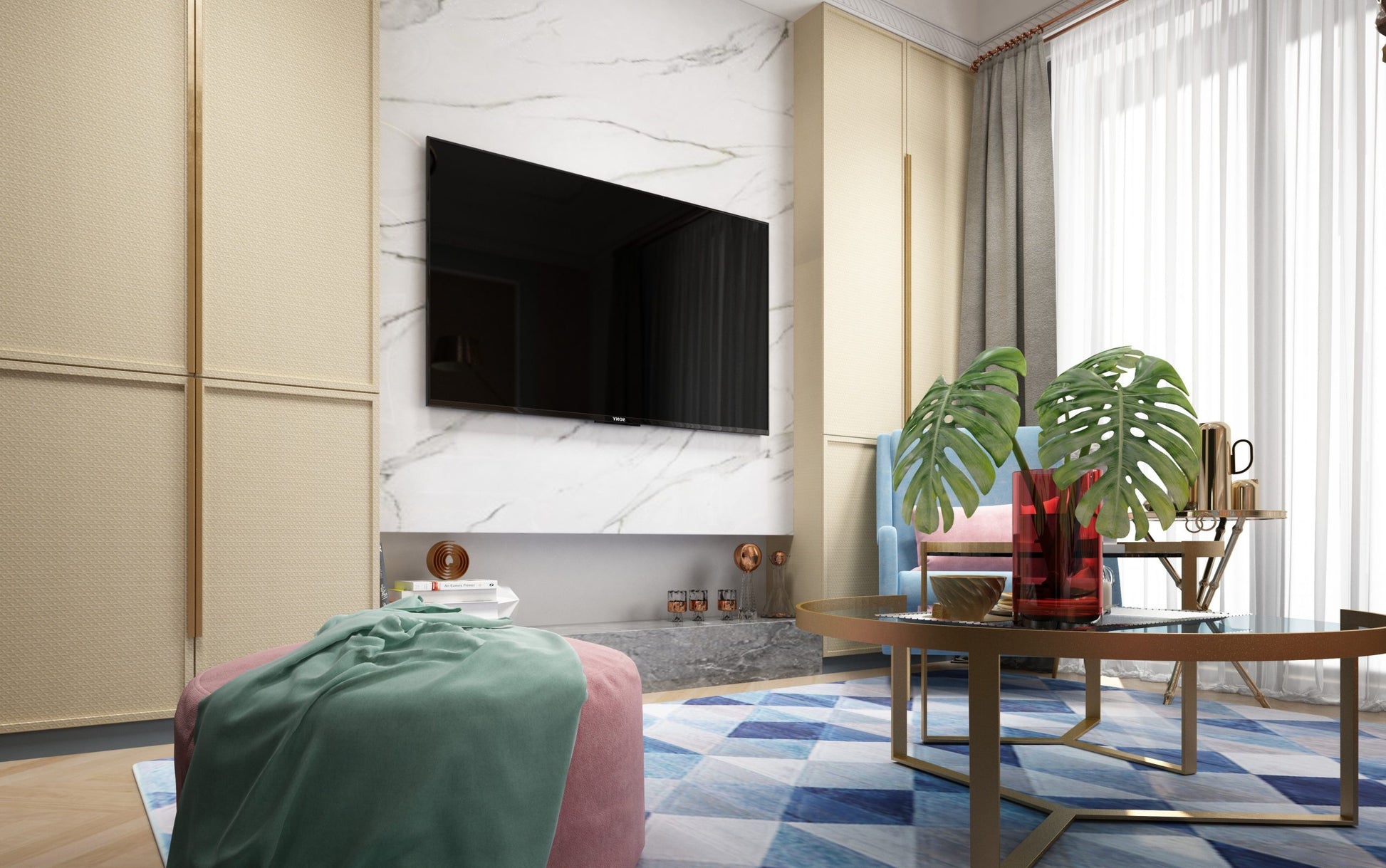 Beige textured laminate wall panels in a modern living room with marble accent wall and minimalist decor.