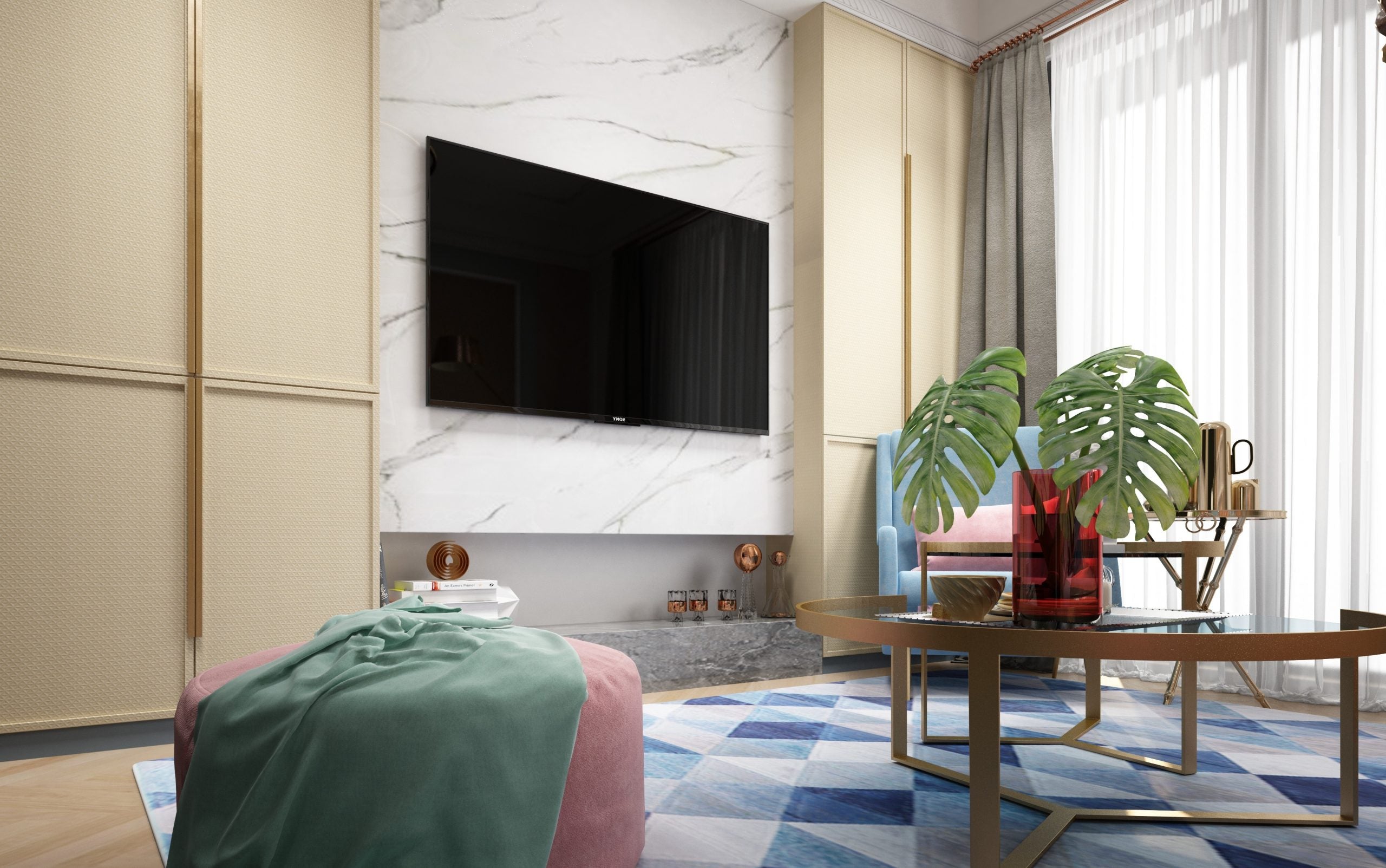 Beige textured laminate wall panels in a modern living room with marble accent wall and minimalist decor.