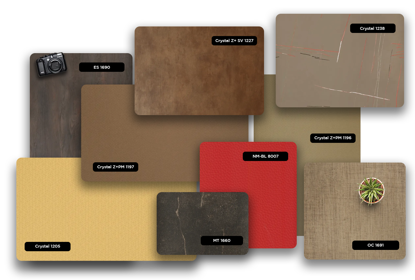 Multi-colored patterned laminate samples with matte finish and various textures displayed together on a white background.