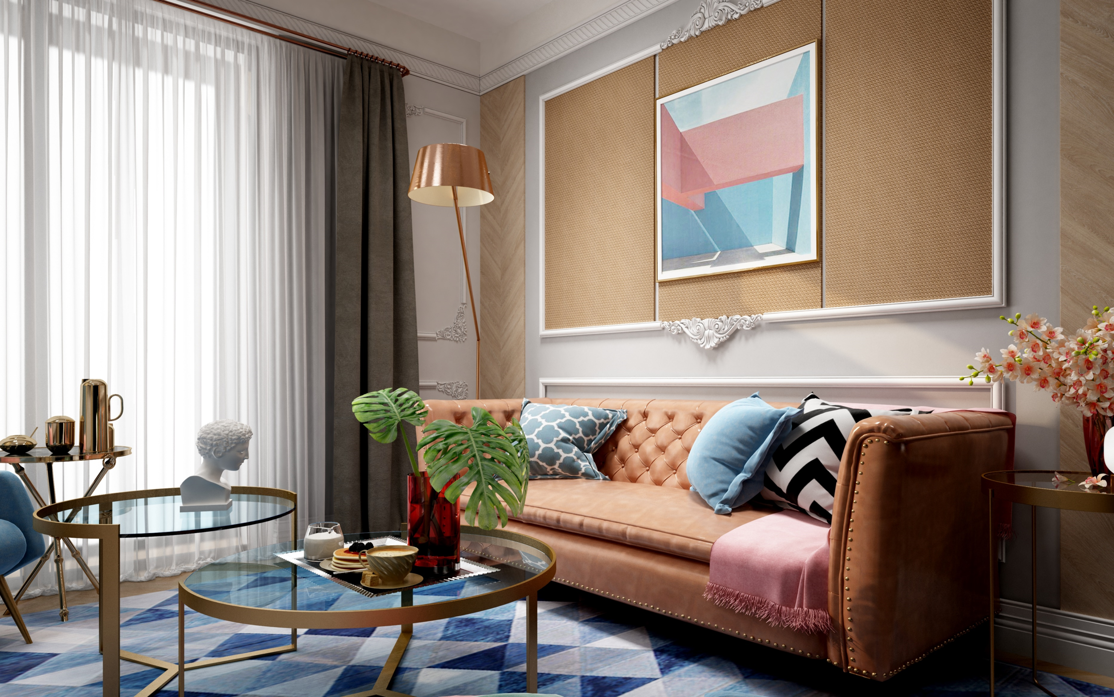 Multi-coloured patterned laminate in a living room setting with geometric design on the floor and wall panels