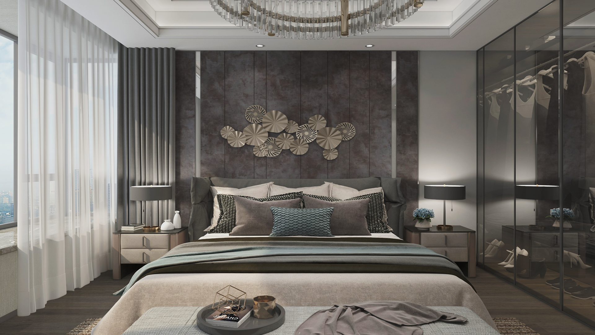 Grey matte laminate wall behind bed with decorative metal art in modern bedroom interior