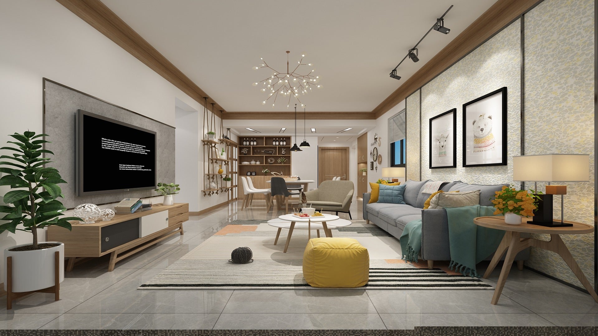 Multi-colour patterned laminate with matte finish used on wall in modern living room interior design.