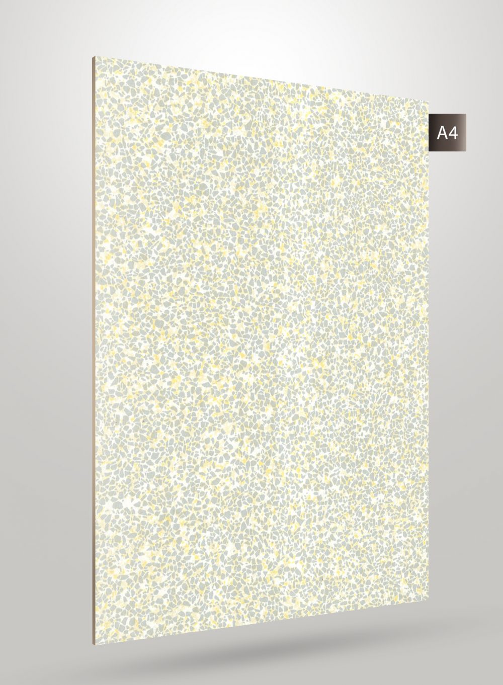 Multi-colour terrazzo patterned laminate with matte finish, featuring small yellow and grey specks on white background.