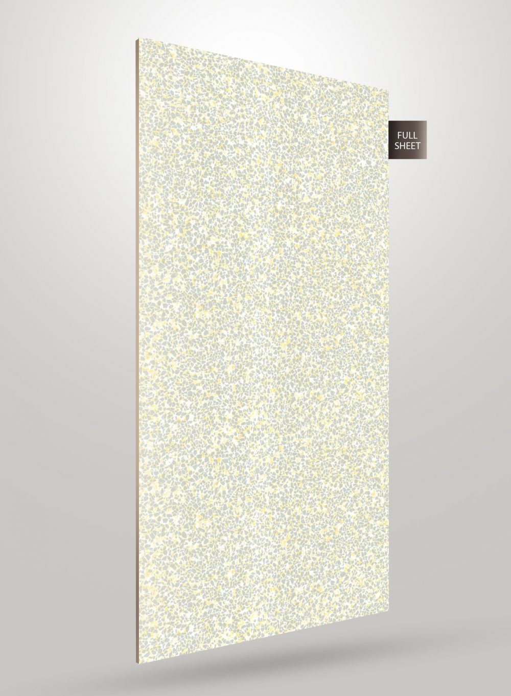 Multi-coloured patterned laminate sheet with abstract design and matte finish, displayed as full sheet with visible texture.