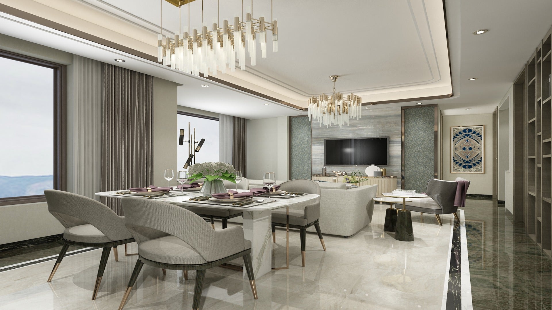 Multi-coloured patterned laminate with matte finish used on wall behind TV in modern dining and living room setup