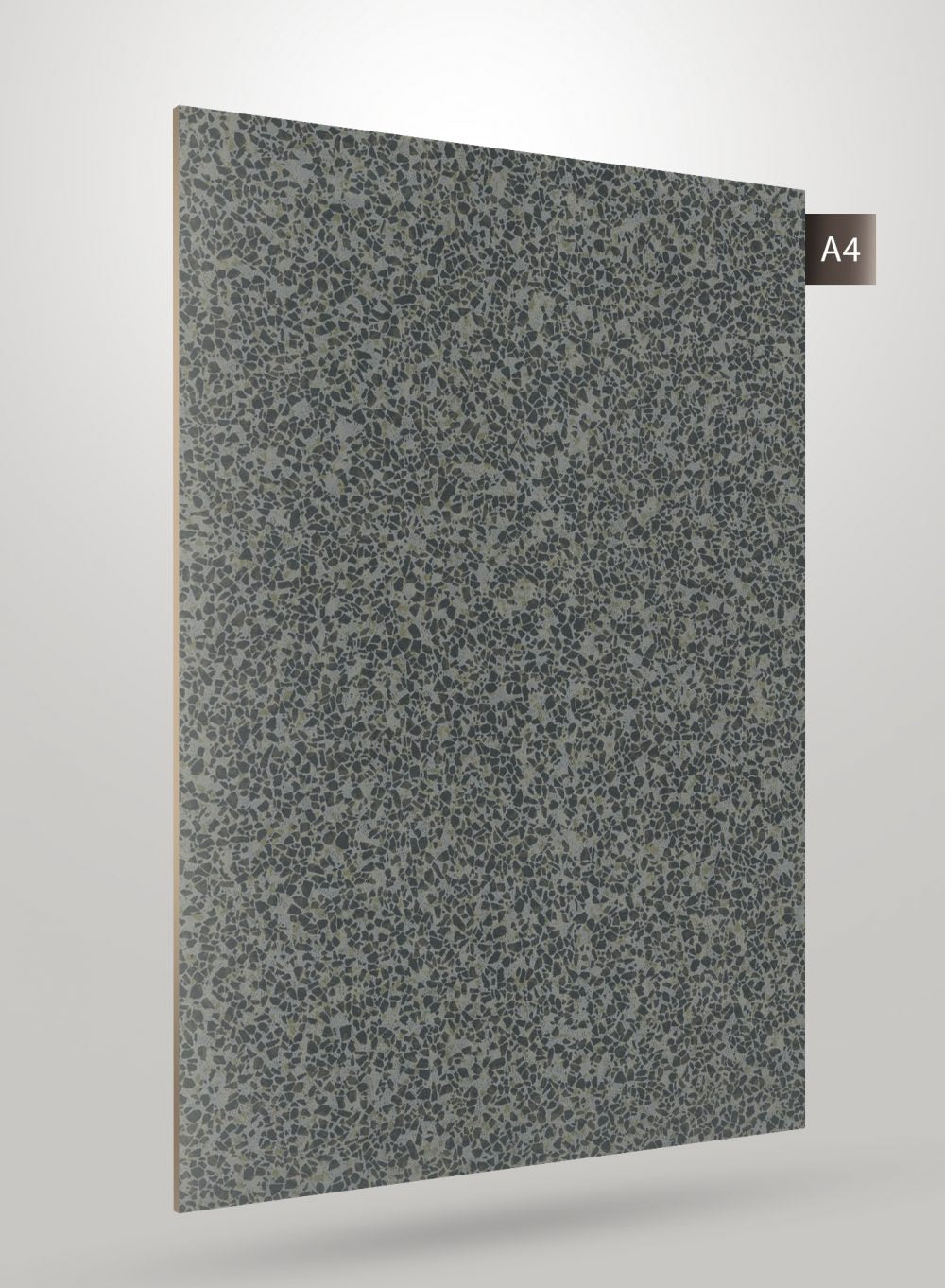 Multi-coloured patterned laminate with matte finish and speckled texture, showing a grey and black design on a rectangular