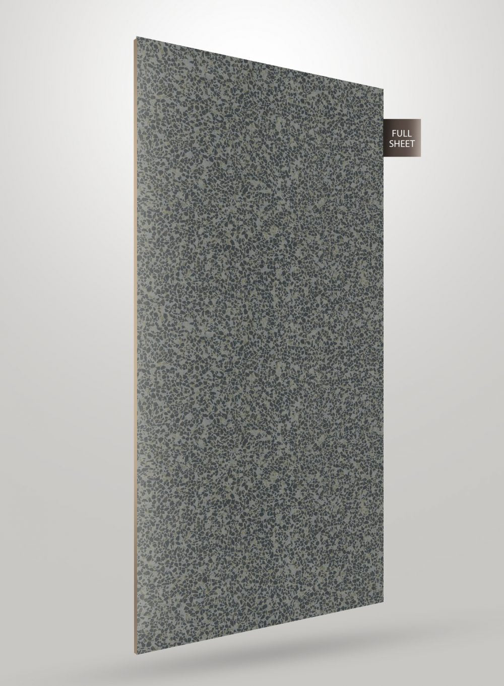 Multi-coloured patterned laminate with matte finish and terrazzo pattern, showing full sheet with subtle texture and