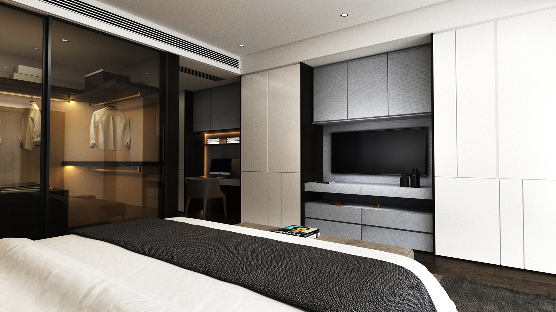 Multi-coloured patterned laminate with matte finish used on wall panels and shelves in modern bedroom interior design