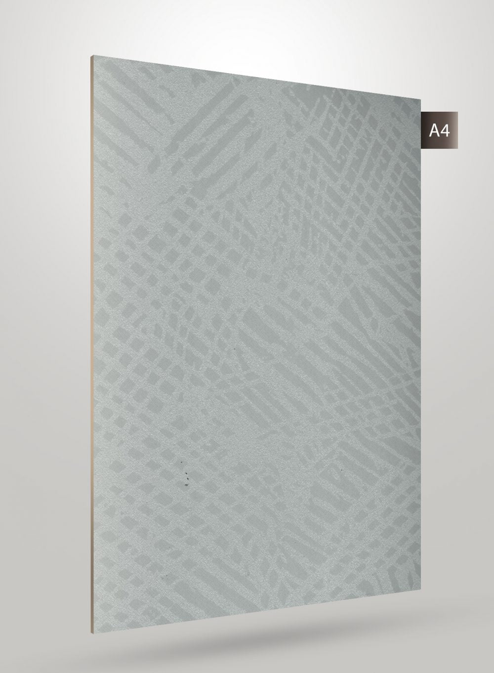 Matte grey patterned laminate with geometric design and subtle texture, showcasing decorative laminate surface and edge