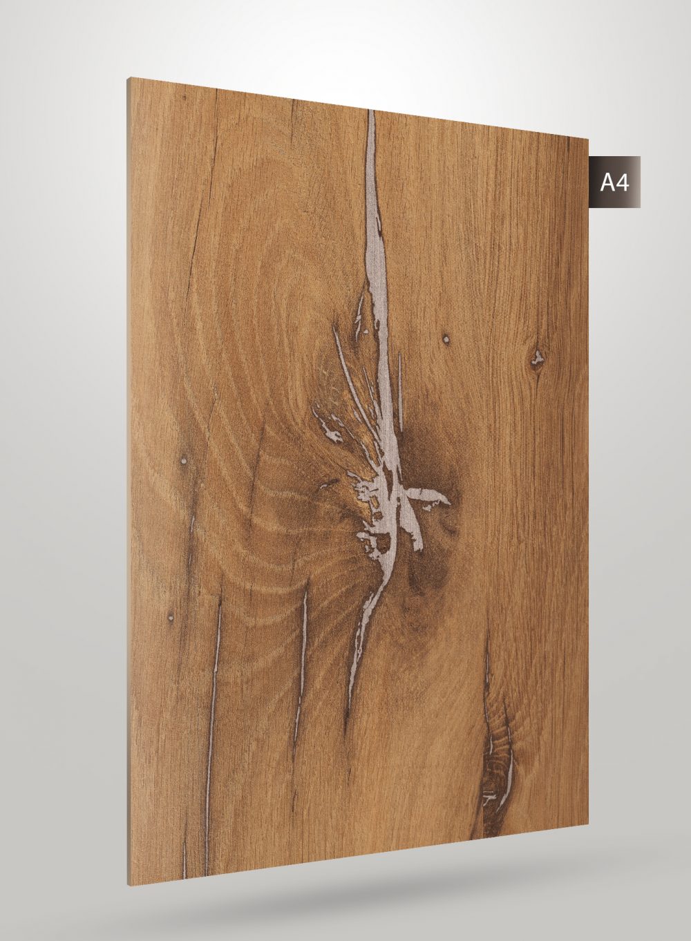 Brown wood grain decorative laminate with matte finish and natural texture, featuring knots and cracks in a wood pattern