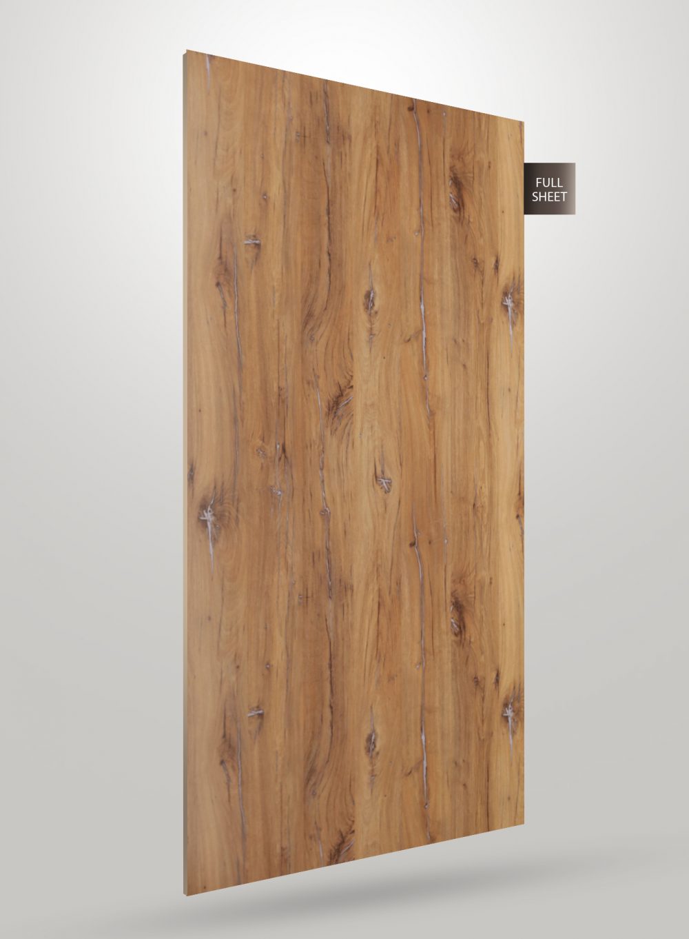 Brown wood grain laminate sheet with matte finish and visible wood texture and knots, labeled full sheet.