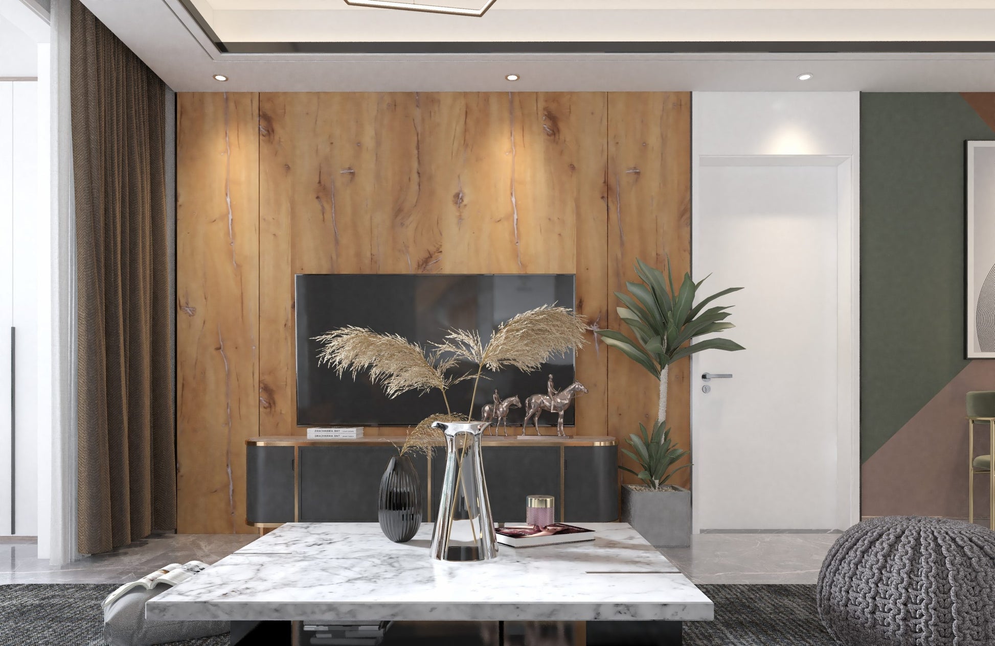 Brown wood laminate wall with visible grain and knots in a modern living room setting with decorative items.