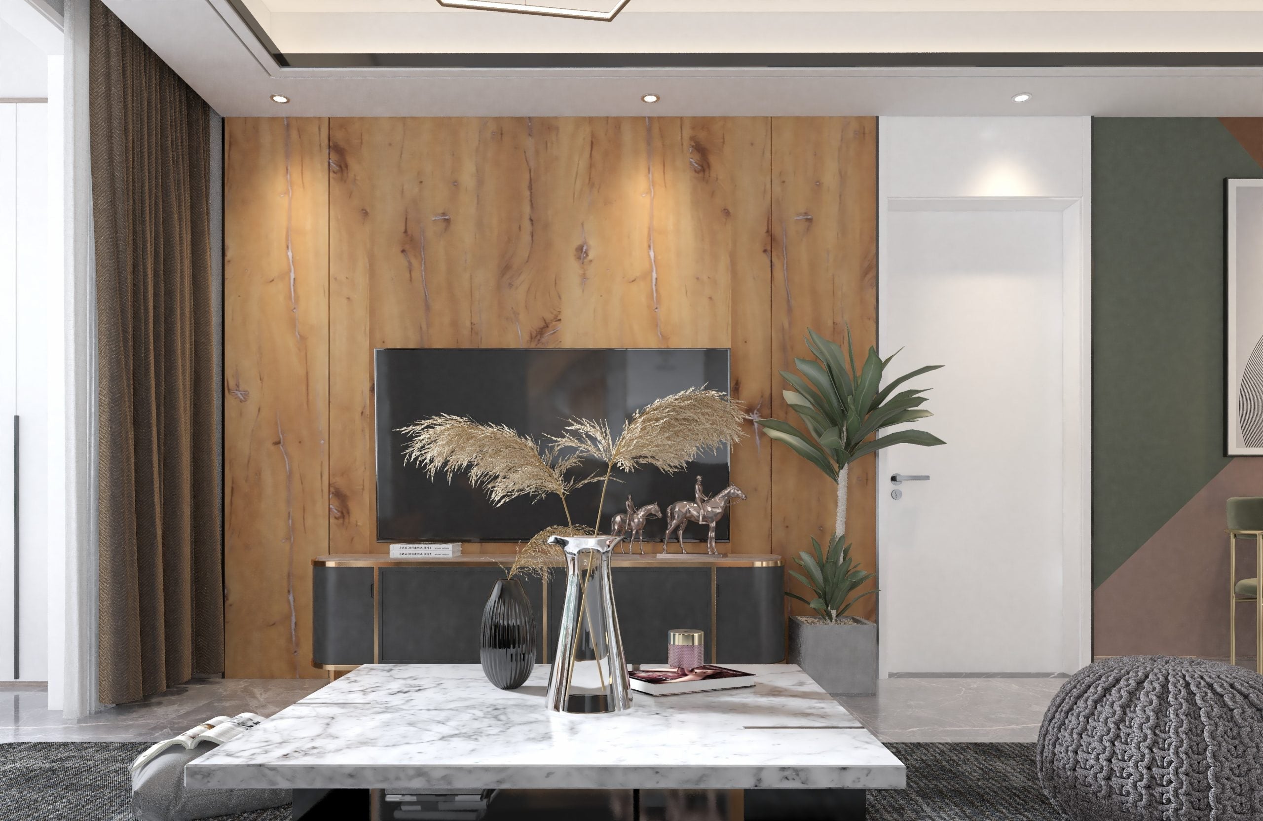 Brown wood laminate wall with visible grain and knots in a modern living room setting with decorative items.