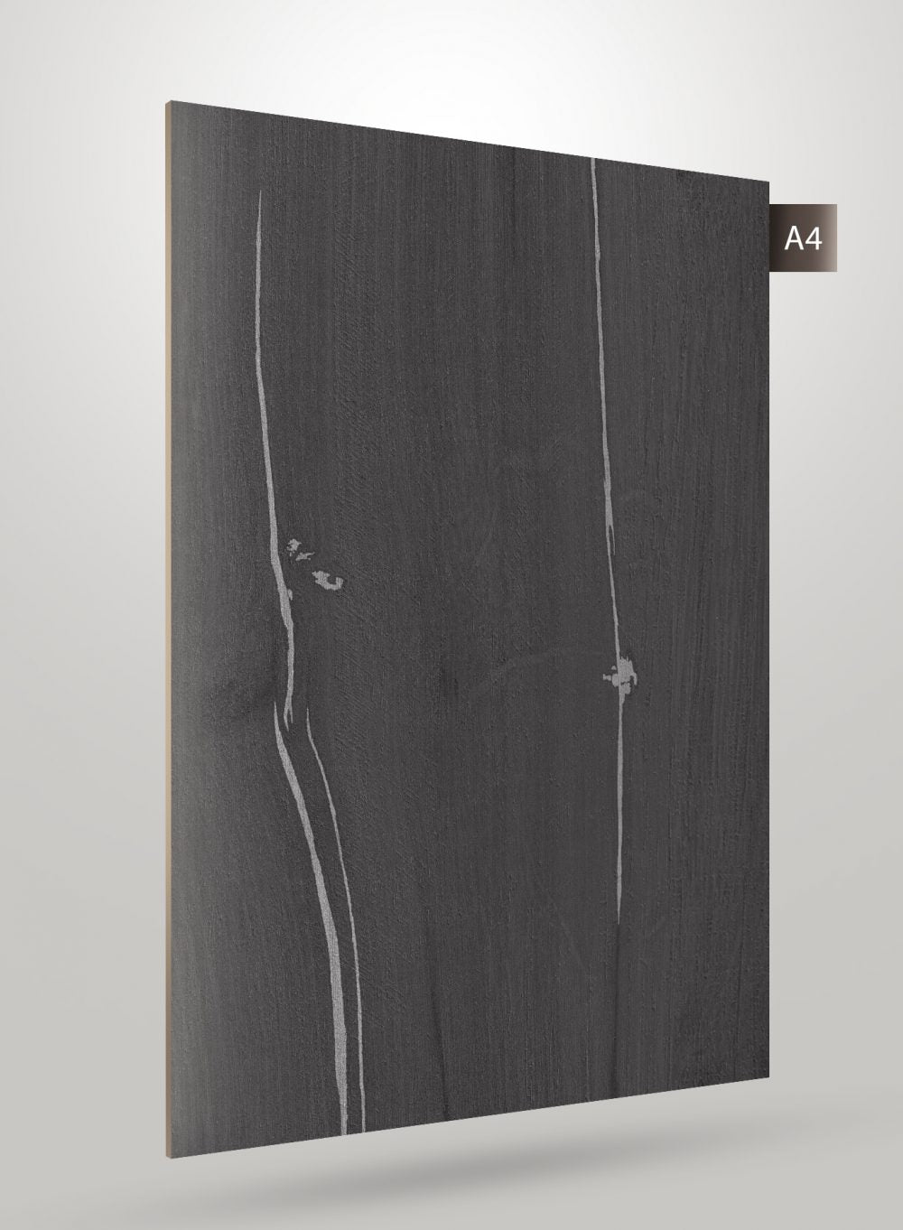Grey wood grain laminate with matte finish and textured surface, featuring subtle white streaks and knots.
