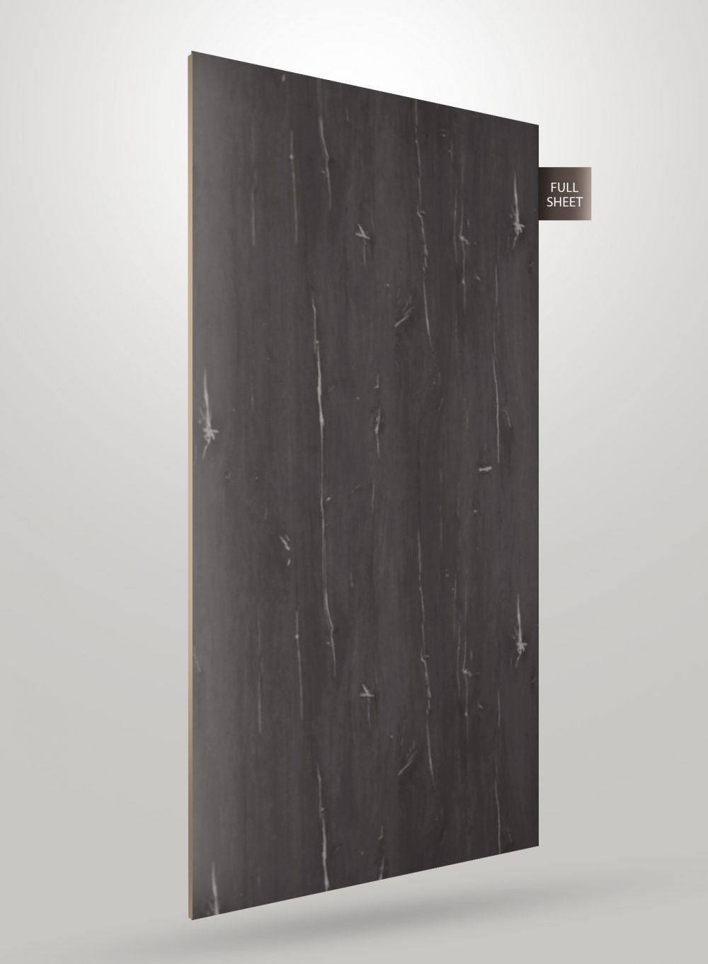 Grey wood grain decorative laminate with matte finish and visible texture, shown as a full sheet.