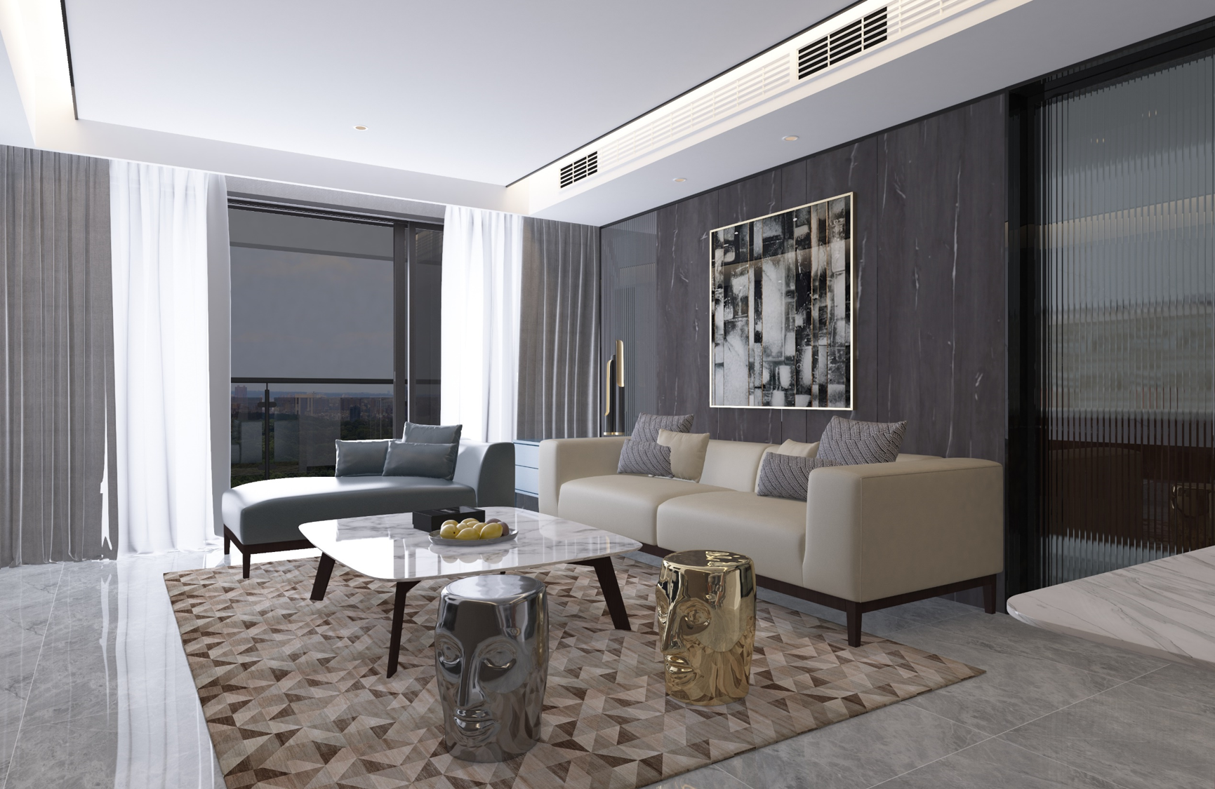 Grey wood laminate in modern living room with marble walls and white furniture, showcasing matte finish and wood grain