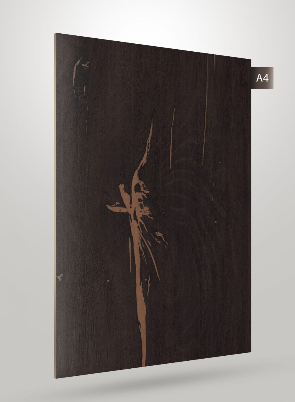 Dark brown wood laminate with matte finish and wood grain pattern, showing texture and light brown markings.