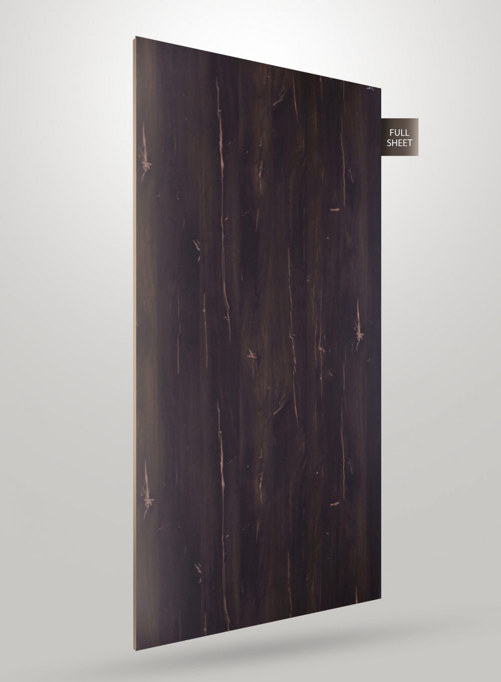 Brown wood grain laminate sheet with matte finish and visible wood texture and striations, labeled full sheet.