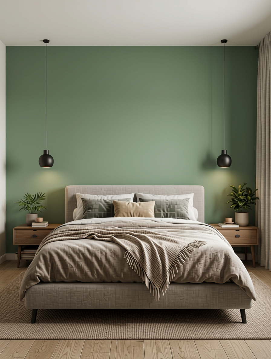 Acacia Green Matte Laminate 8*4 ft 1 mm - 1055 MFT — application view in a modern bedroom