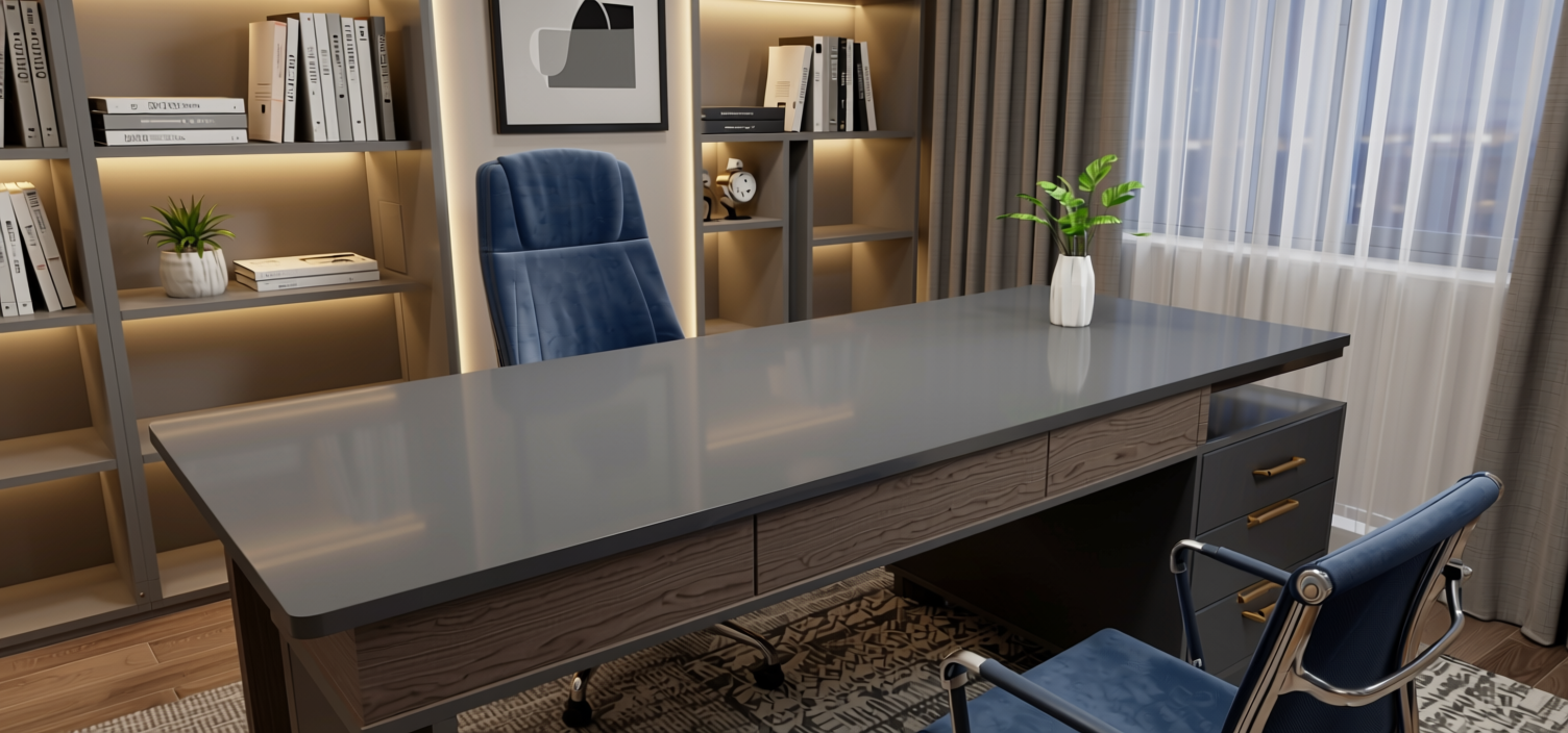 155 Smoke Grey Plain Laminate 8x4 ft Texture 0.92 mm - 4138 A — application view in a home office