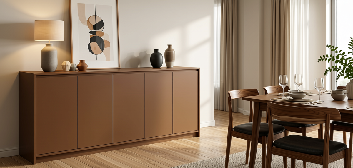 Brown Paper Plain Laminate 8x4 ft Texture 0.92 mm - 4110 A — application view in a dining room