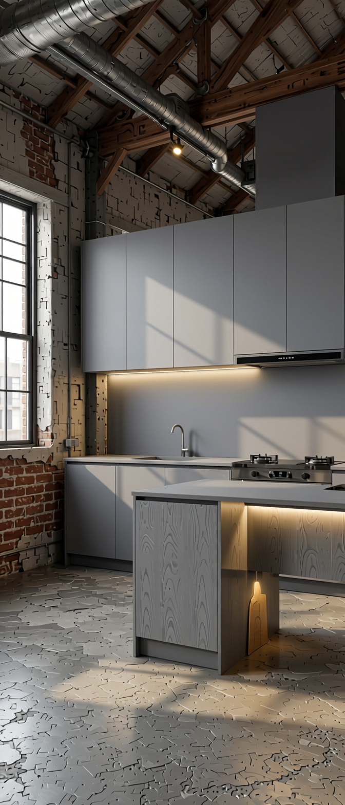 155 Ash Grey Plain Laminate 8x4 ft Matte 1 mm - 4139 A — application view in a industrial loft