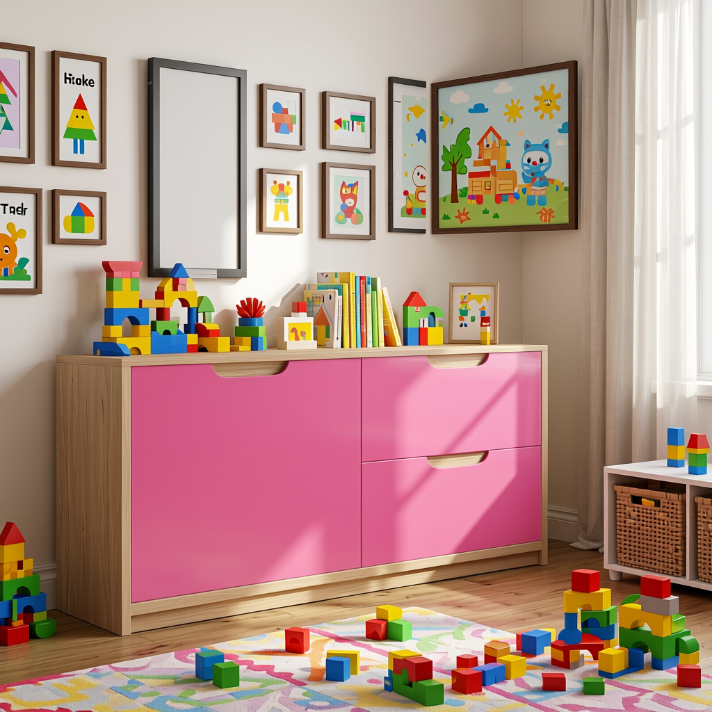 155 Bright Pink Plain Laminate 8x4 ft Matte 0.8 mm - 54714 A — application view in a kids' playroom