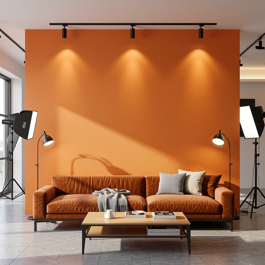 155 Tangerine Plain Laminate 8x4 ft Matte 0.8 mm - 54725 A — application view in a creative studio