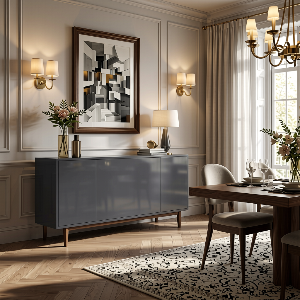 Dark Grey Plain Laminate 8x4 ft High Gloss 0.8 mm - 54137 A — application view in a elegant dining room