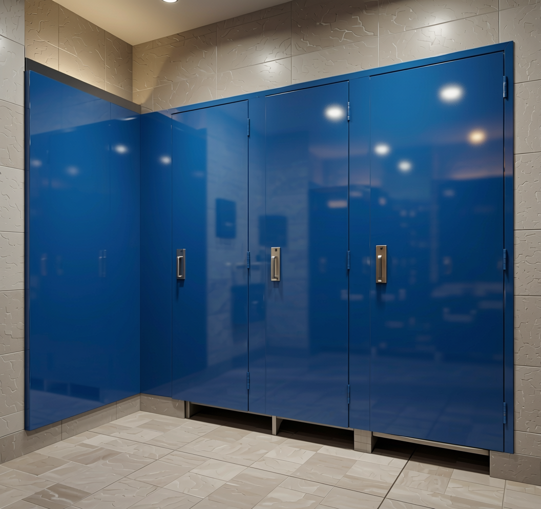 Hatch Blue Plain Laminate 8x4 ft High Gloss 0.8 mm - 5911 A — application view in a poolside changing room