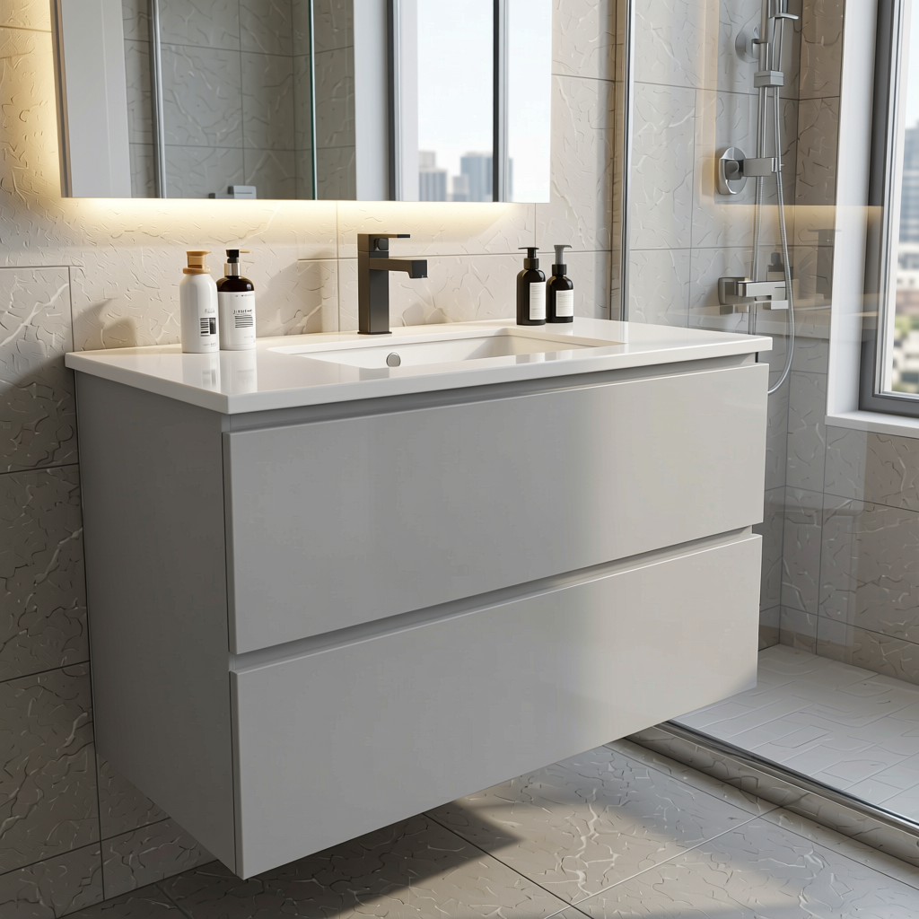 Light Grey Plain Laminate 8x4 ft High Gloss 0.8 mm - 54139 A — application view in a modern bathroom