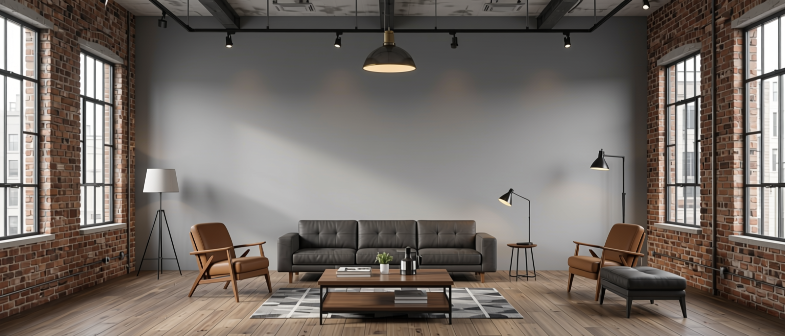 Ash Grey Plain Laminate 8x4 ft Texture 0.8 mm - 54139 SF — application view in a industrial loft