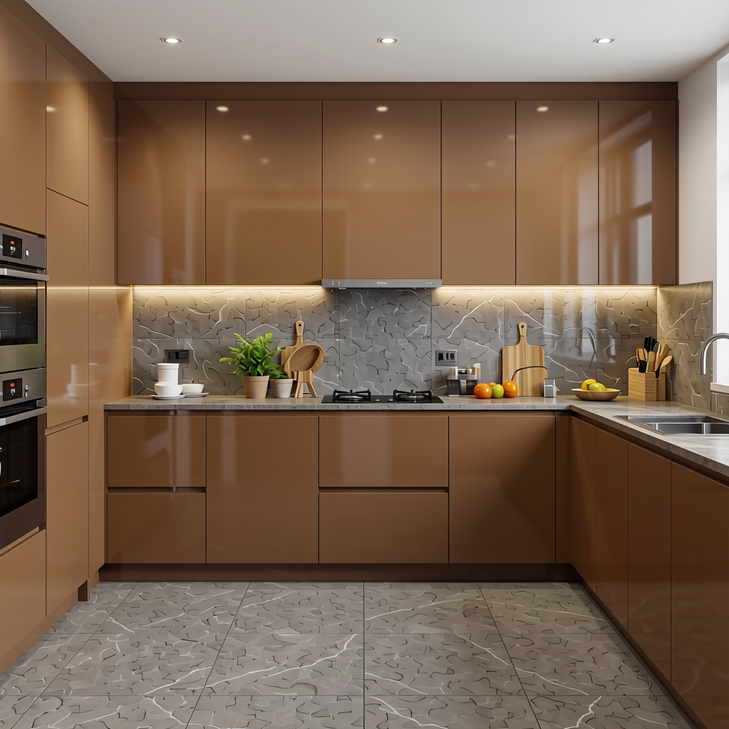 Brown Paper Plain Laminate 8x4 ft High Gloss 0.8 mm - 5906 A — application view in a contemporary kitchen