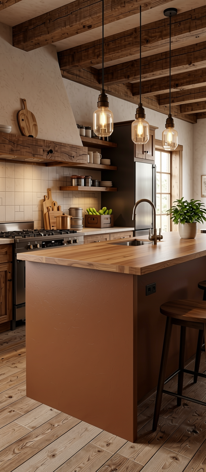 Brown Paper Plain Laminate 8x4 ft Texture 0.8 mm - BR 3003 — application view in a rustic-modern kitchen