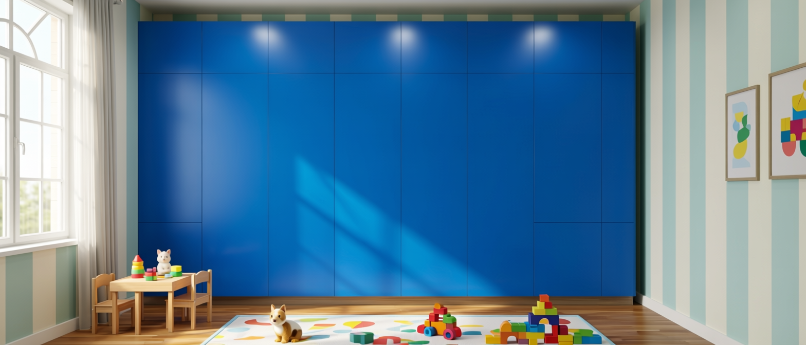 Electric Blue Plain Laminate 8x4 ft Texture 0.8 mm - 5911 SF — application view in a kids' playroom