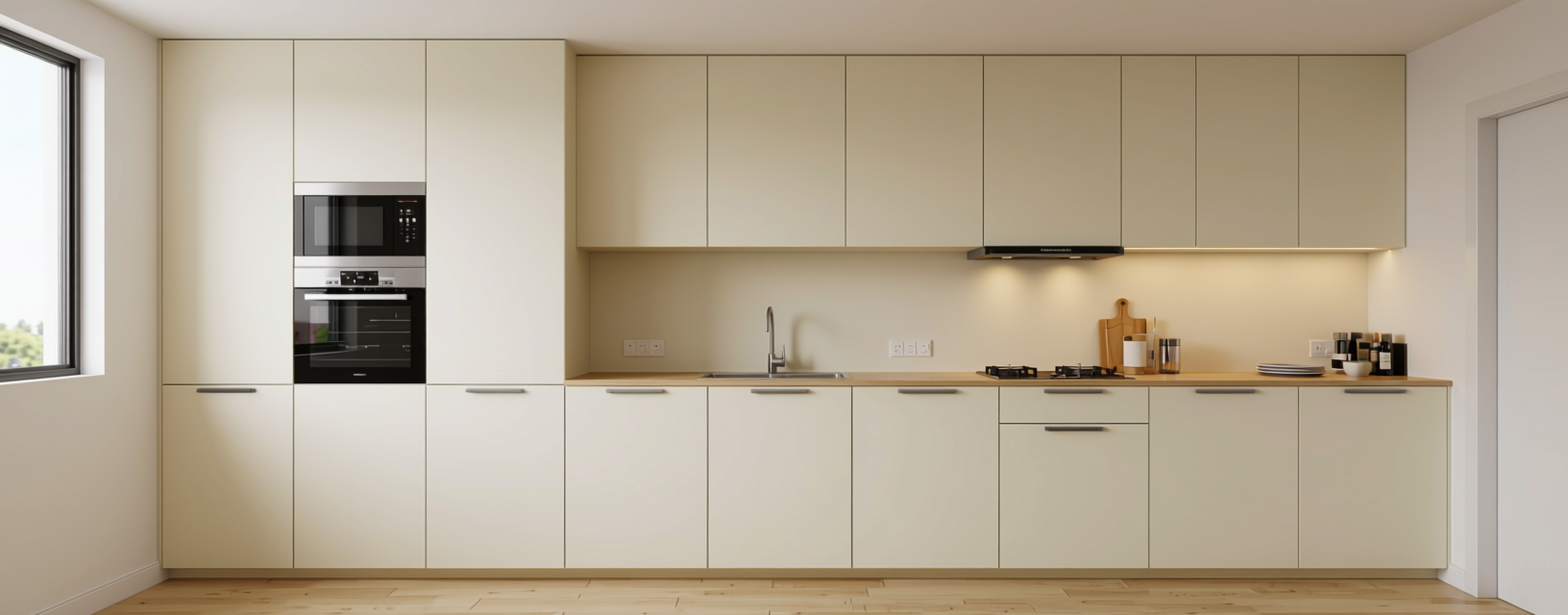 Ivory Plain Laminate 8x4 ft Texture 0.8 mm - BR 54131 — application view in a minimalist kitchen