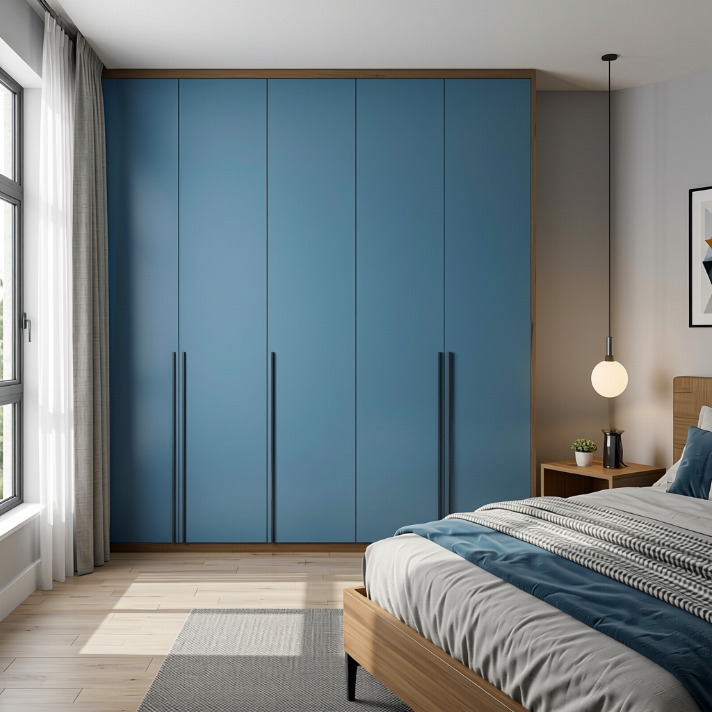 Khiber Blue Plain Laminate 8x4 ft Matte 1 mm - 8092 A — application view in a modern bedroom