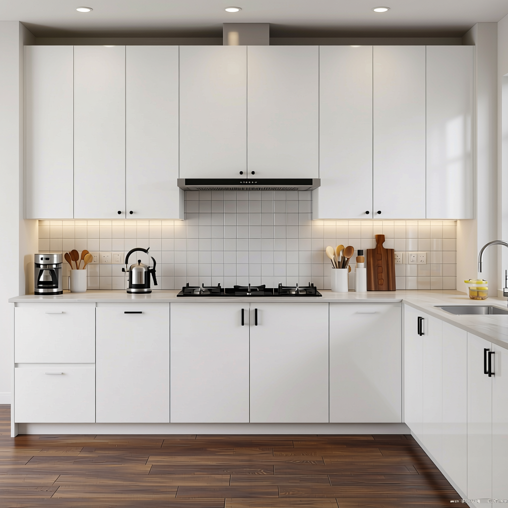 Pure White Plain Laminate 8x4 ft High Gloss 0.8 mm - 54133 A — application view in a clean kitchen