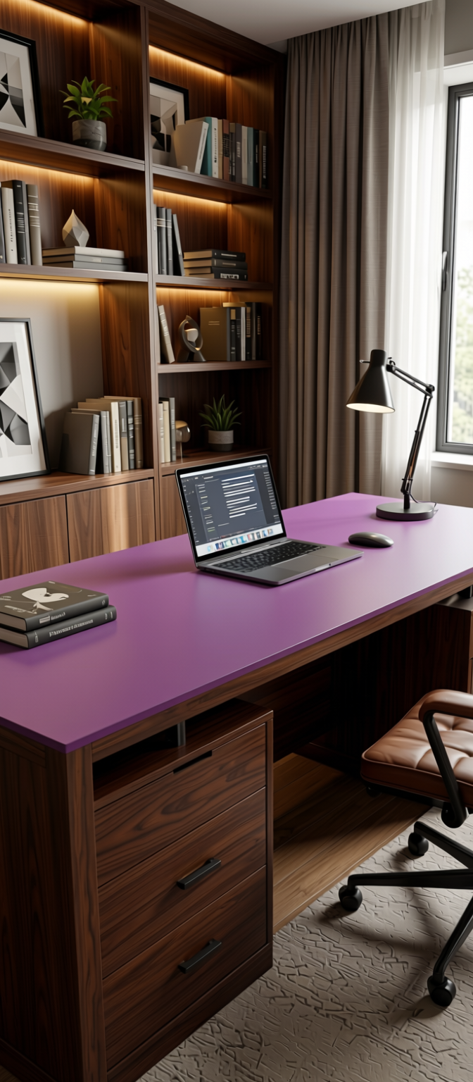 Purple Haze Plain Laminate 8x4 ft Texture 0.8 mm - 54721 A — application view in a creative study room
