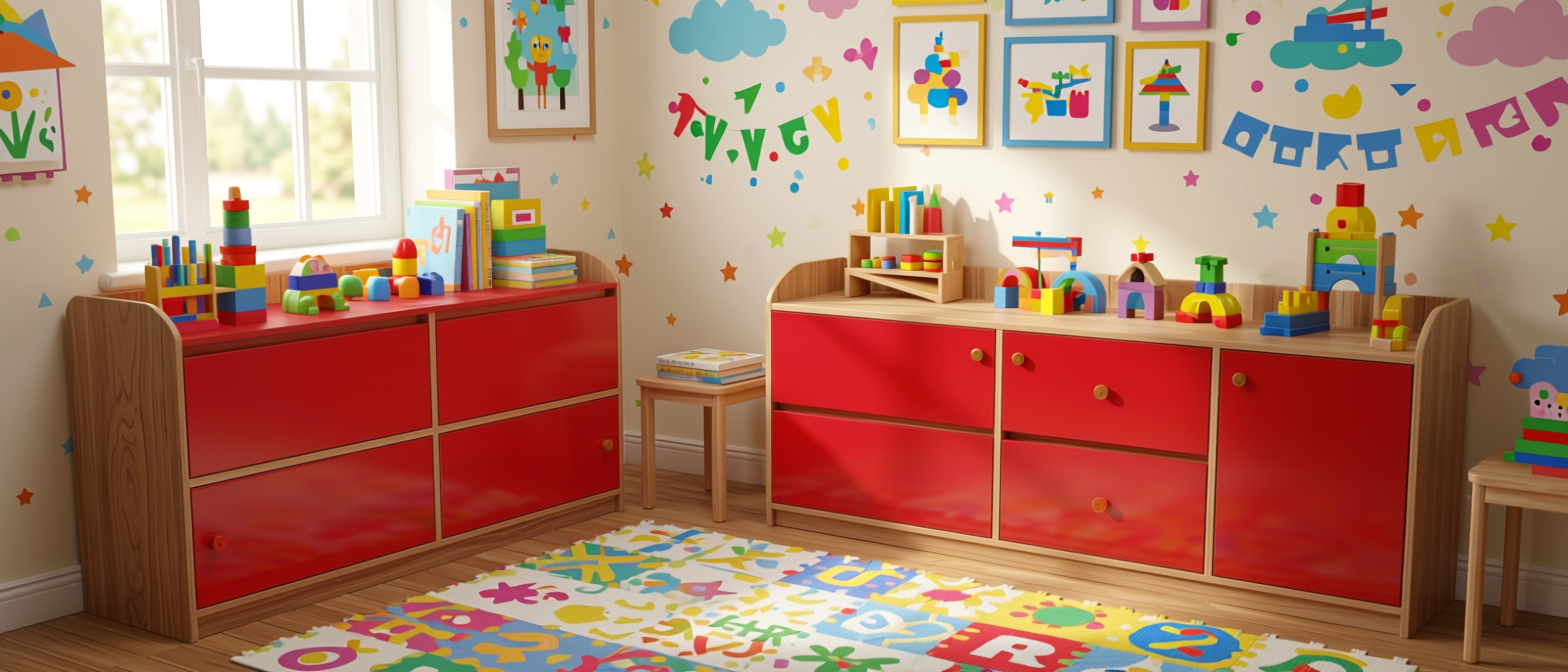 Red Plain Laminate 8x4 ft Texture 0.8 mm - 5903 SF — application view in a playful kids room