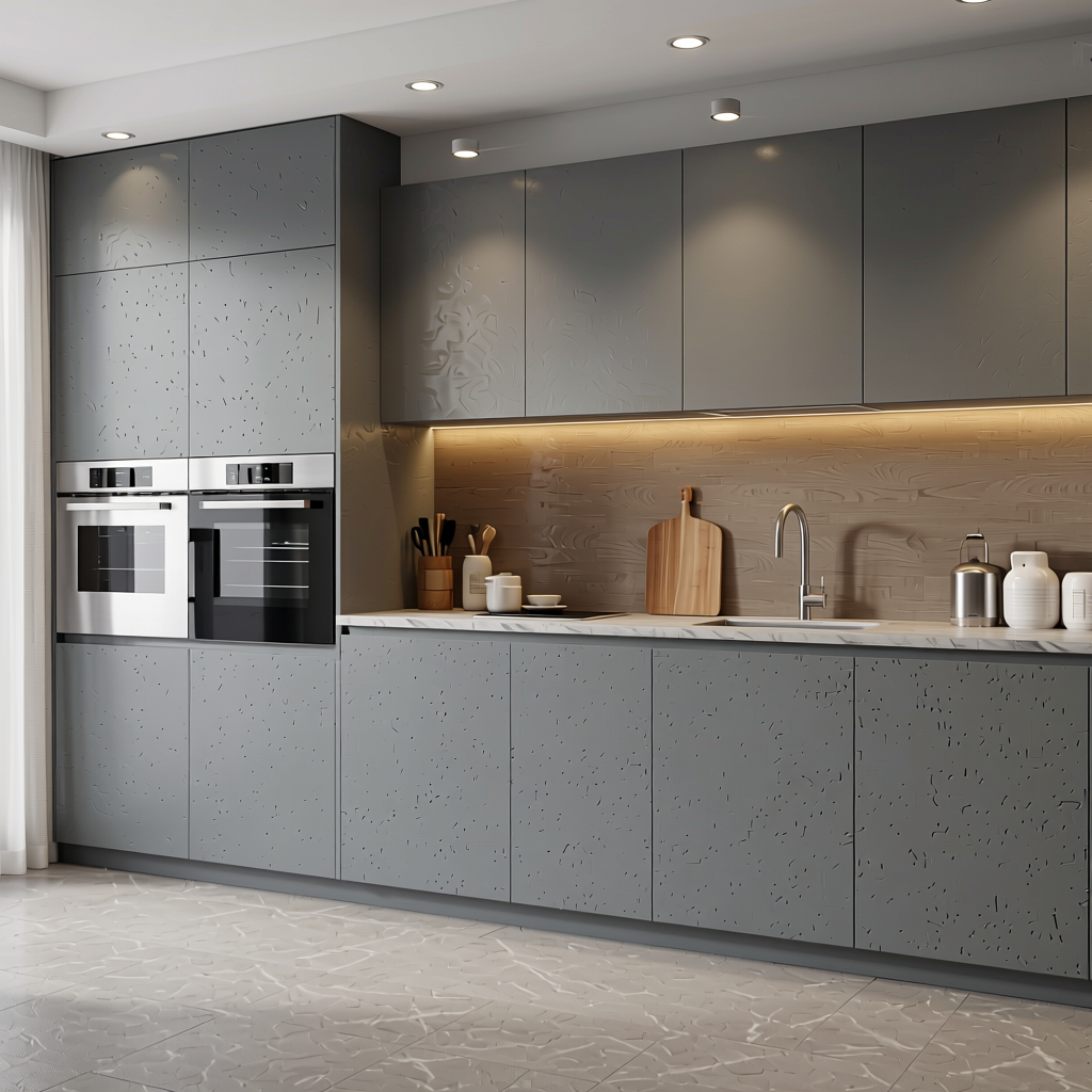 Pebble Grey Plain Laminate 8x4 ft Texture 1 mm - 4154 A — application view in a contemporary kitchen
