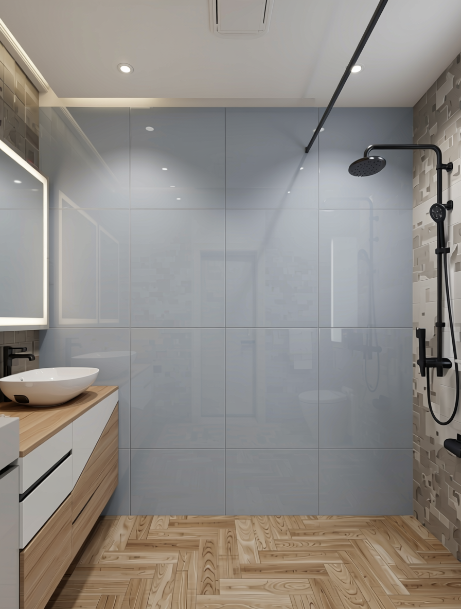 Acroglass 4312 Plain Colors Wall Panel 8*4 ft High Gloss 1.0 mm - ACR-4312 — application view in a modern bathroom