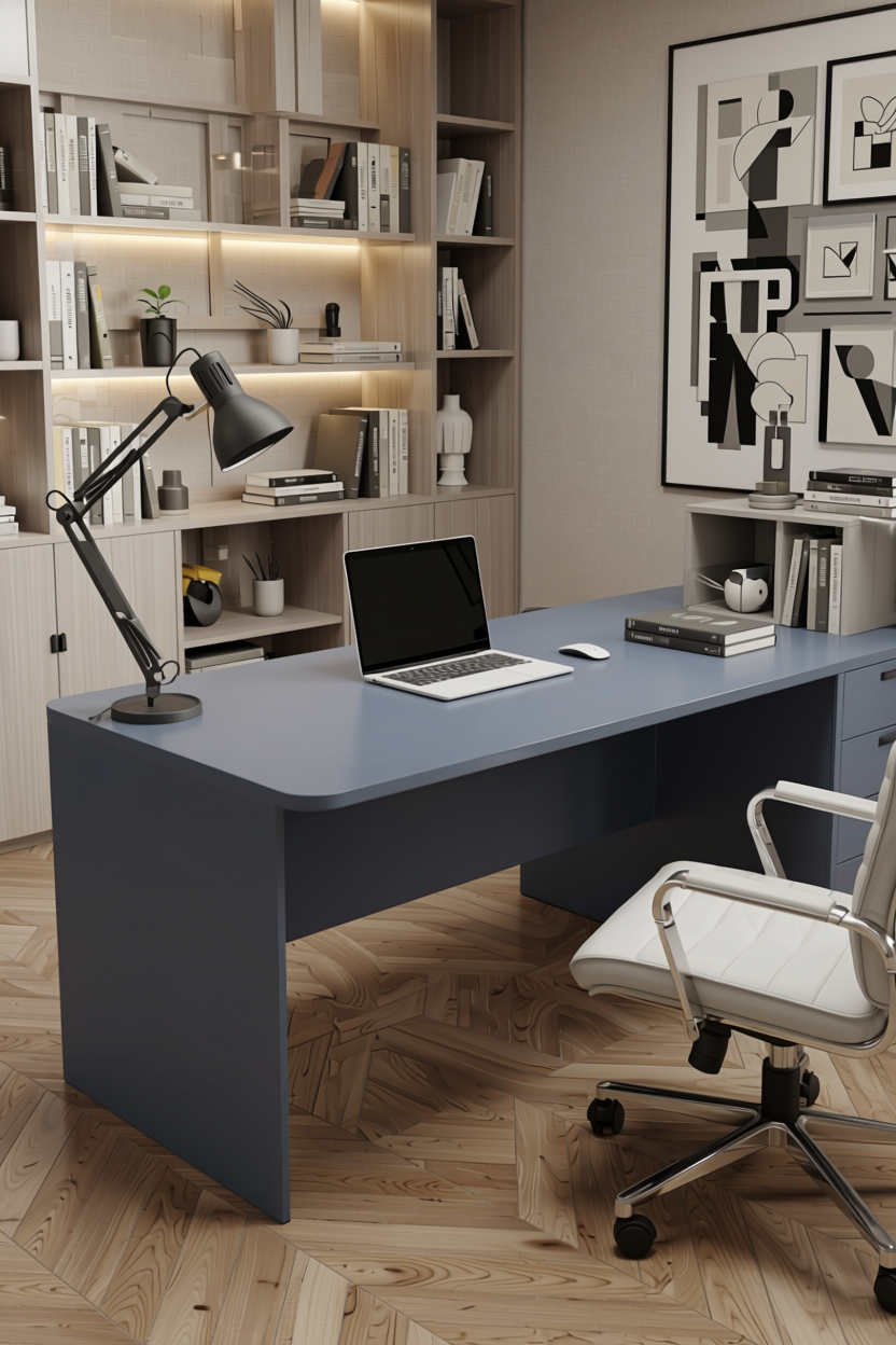 Bluish Grey Plain Laminate 8x4 ft High Gloss 1 mm - DG 672 — application view in a modern study